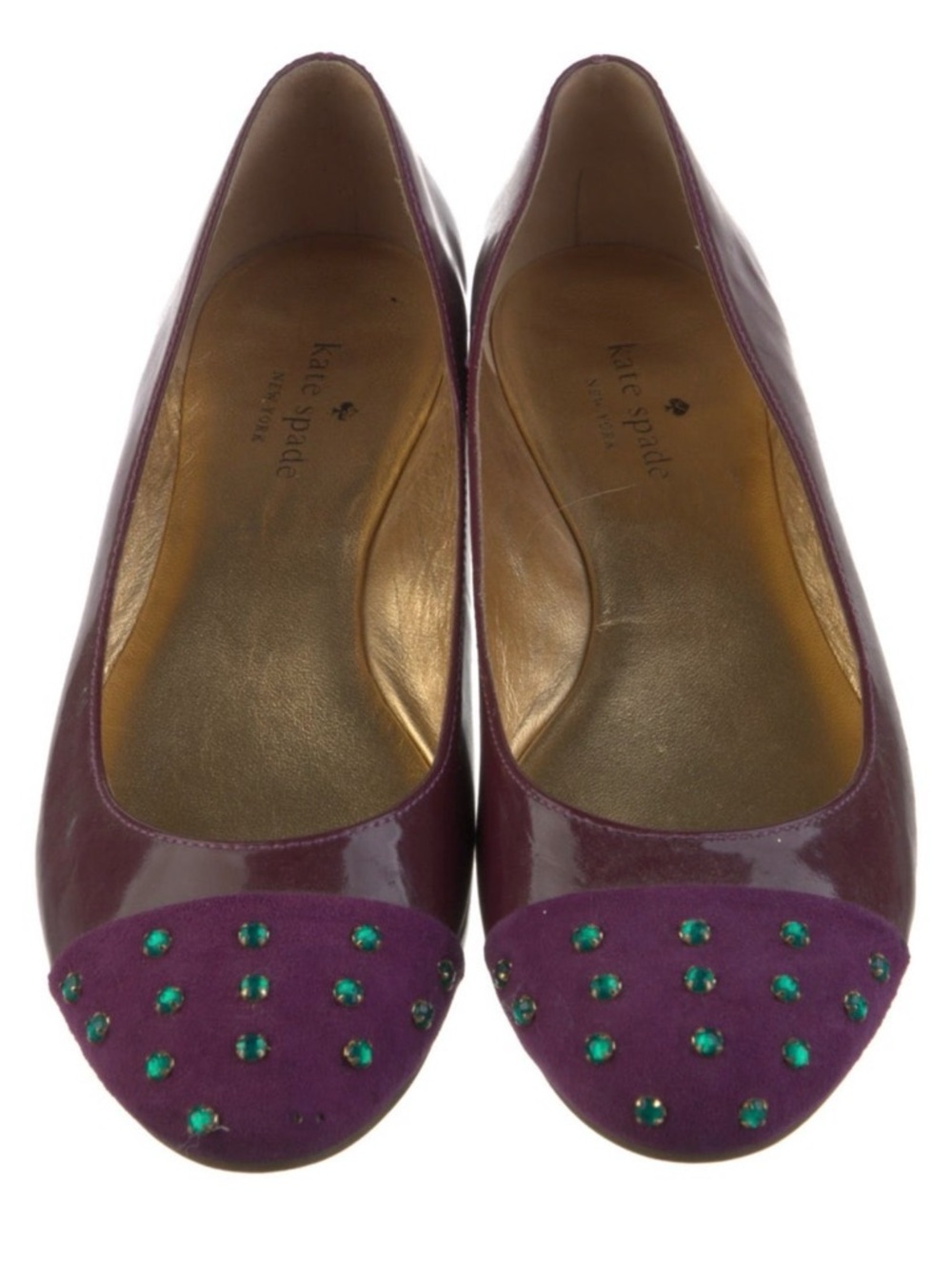kate spade Purple Suede-Toe Patent Ballet Flats with Green Gems